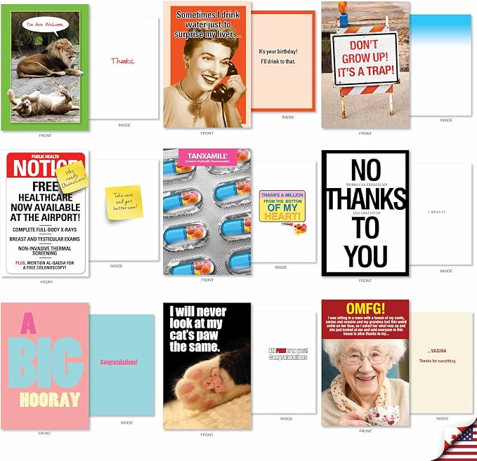 NobleWorks - 36 Assorted Funny Mixed Occasions Blank Greeting Cards Box Set w/Envelopes, Humor B-Day, Get Well for Men, Women (36 Designs, 1 Each) - Big Laughs Collection AC6669XXG-B1x36