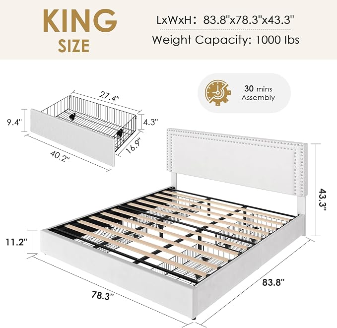 VECELO King Size Upholstered Bed Frame with 4 Storage Drawers, Adjustable Velvet Rivet Decor Headboard, Wooden Slats Platform Support, No Box Spring Needed, Easy Assembly,White
