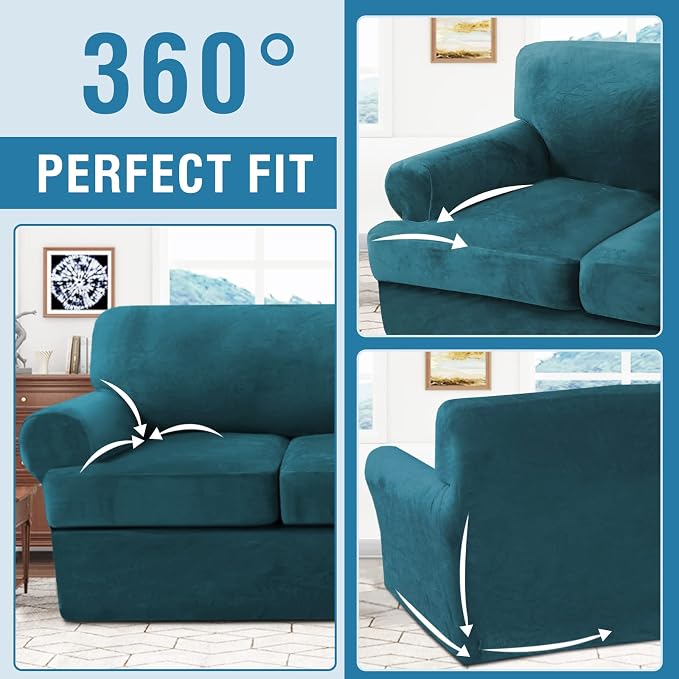 H.VERSAILTEX Sofa Slipcovers - 4 Piece Thick Velvet Couch Covers for 3 Cushion Couch with 3 Individual T Cushion Covers, Deep Teal
