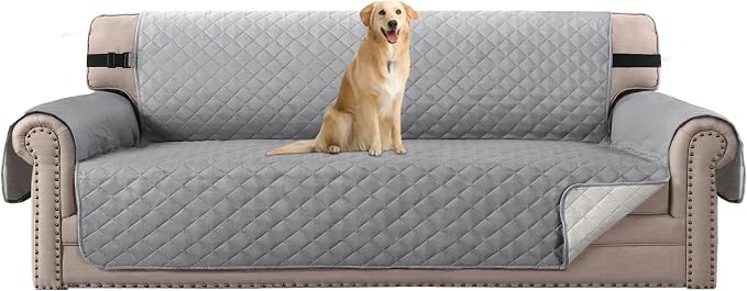 Sofa Protector for Dogs/Cats/Pets Sofa Slipcover Quilted Furniture Protector with Non Slip Elastic Strap Water Resistant Sofa Covers Couch Covers Seat Width: 78" (Oversized Sofa, Light Grey/Beige)