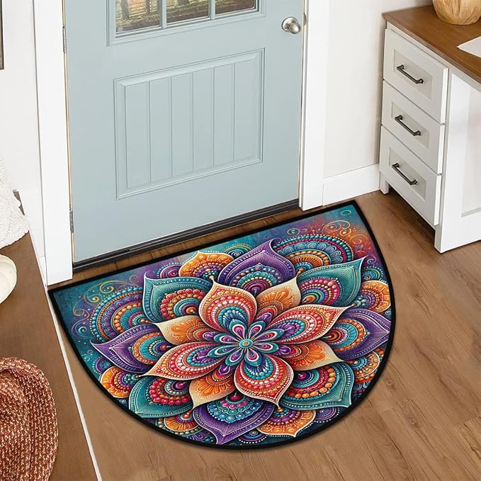 Lotu Half Round Door Mat Semi Moon Rug Fireplace Carpet Area Rugs | Abstract Mandala Non Slip Absorbent Half Circle Mat Carpet for Indoor Outdoor Patio Kitchen Bathroom Entryway Home Decor