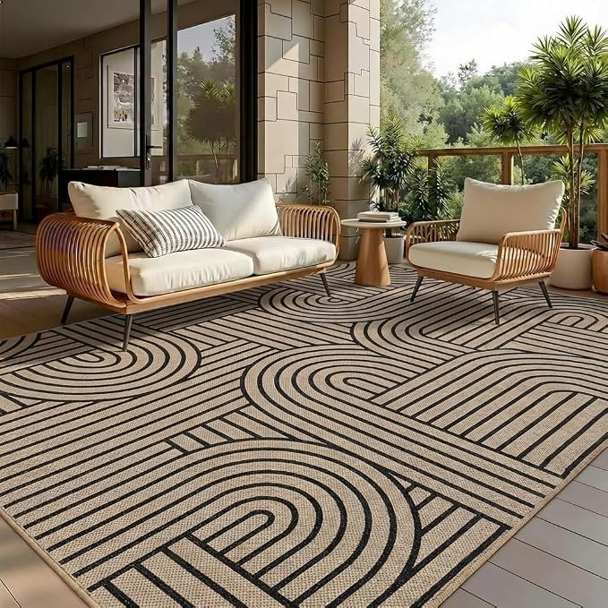 COZYLOOM 8x10 Patio Outdoor Rug, Geometric Rainbow Easy Jute Rug with Non Slip Backing, Non Shedding Stain Resistant Striped Area Rugs for Living Room, Bedroom, Dining Room, Backyard, Natural Color