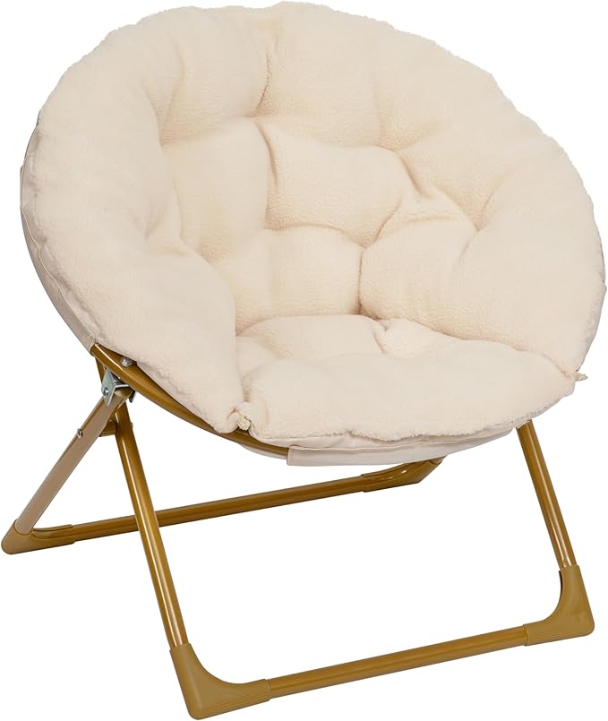 Flash Furniture Kids 23 Inch Folding Saucer Chair, Ivory Faux Shearling | Soft Gold Frame, Portable