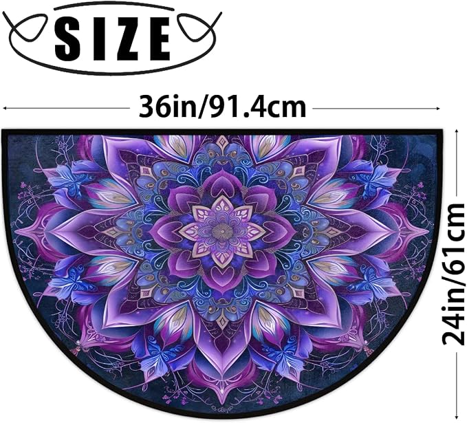 Mandala Half Round Doormat Non-Slip Semi Circle Rug Half Moon Mat | Ethnic Purple Flower Washable Soft Absorbent Indoor Outdoor Entrance Kitchen Bathroom Sink Patio Welcome Fireplace Floor Rug