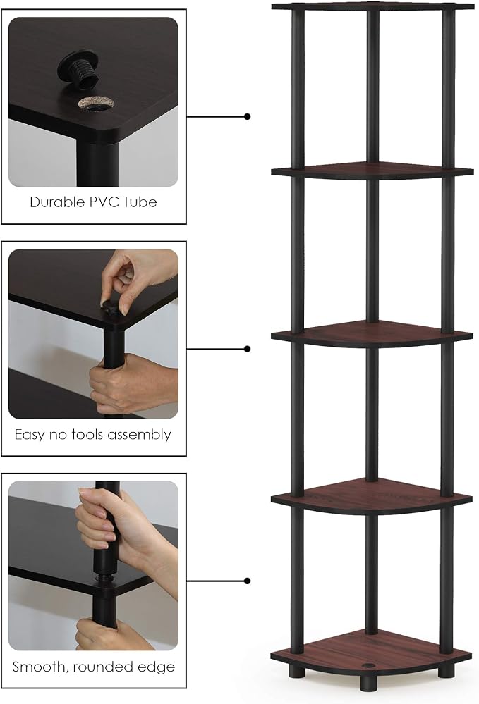 Furinno TURN-N-TUBE Corner Shelf, 5-Tier Corner Bookshelf, Open Storage Shelves, for Organization and Storage, Living Room, Home Office, Garage, Bedroom, Dark Cherry