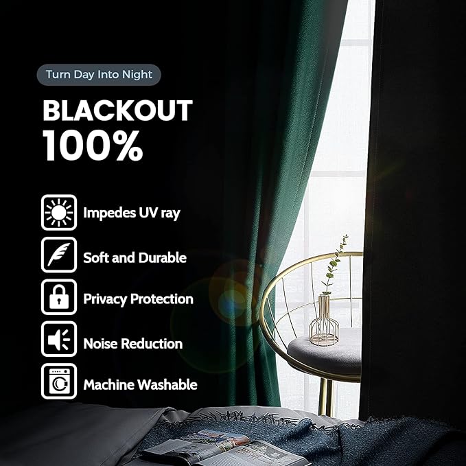 SimpleHome 100% Blackout Curtains for Bedroom,Thermal Insulated Dark Green Grommet Window Drapes Room Darkening Curtains for Living Room with Black Back,62 x 84 Inch,2 Panels