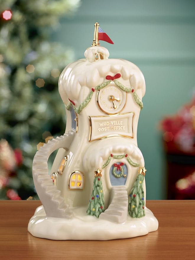 Lenox Dr. Seuss Who-Ville Post Office Christmas Figurine | porcelain with 24k gold accents | 7 x 4.5 x 4.75 inch size | collectible gift for grinch fans | 7 inch