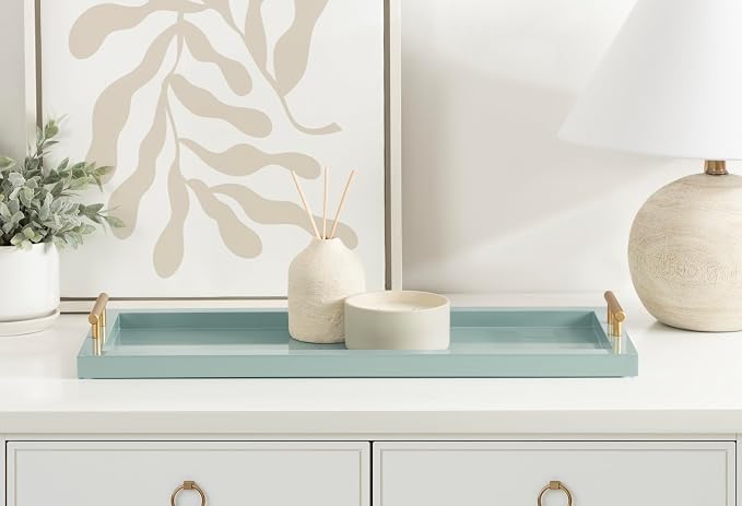 Kate and Laurel Halsey Rectangle Decorative Narrow Tray with Gold Metal Handles; 24 x 10; Blue and Gold; Modern Glam Slim Serving Tray with Handles for Living Room Decor