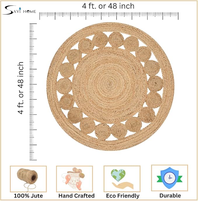 Savi Home Jute Area Rug Handwoven- 4 feet Round- Natural Beige - Rustic Vintage Beige Braided Reversible Jute Rug- Eco Friendly Rugs for Farmhouse, Bedroom, Kitchen, Living Room