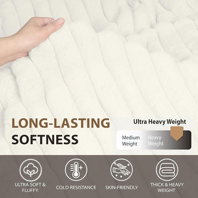 DEZ FURNISHINGS Luxury Reversible Textured Stripe Faux Fur & Velvet Throw Blanket, Throw XL (50" x 70"), White