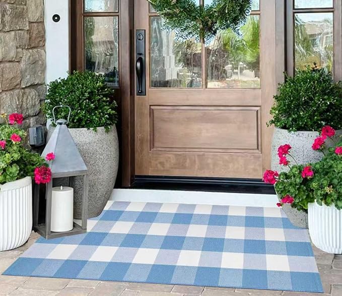 Light Blue and White Outdoor Rug 2'X4.3' Buffalo Plaid Checked Front Porch Rug Cotton Woven Washable Rug Layering Doormat for Welcome Door Mat Entryway Dining Room Bedroom Living Room