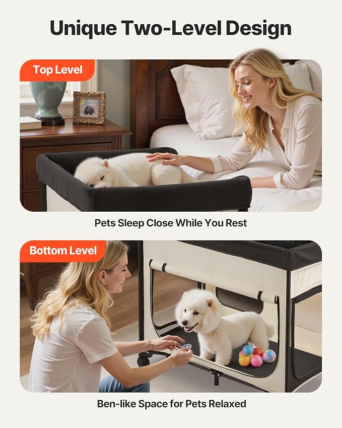 VEVOR Bedside Lounge Pet Bed, Foldable Bunk Dog Bed with 600D Oxford Cloth and Dutch Velvet, Portable Raised Cot with Wheels, Side Storage Bags, and Carry Bag for Cats & Dogs, L, Beige