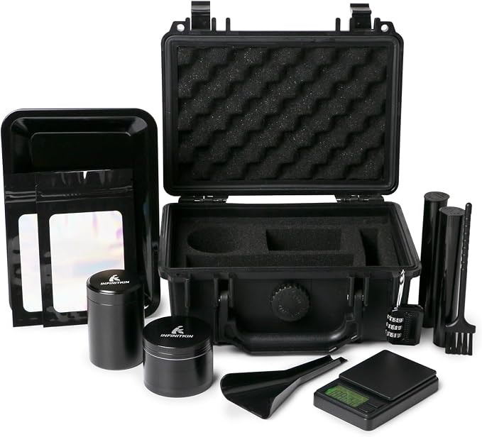 INFINITKIN Smell Proof Box Small Smell Proof Storage Box with Lock | Airtight & waterproof smell proof container with storage jar for home & travel. Includes pocket scale & accessories.