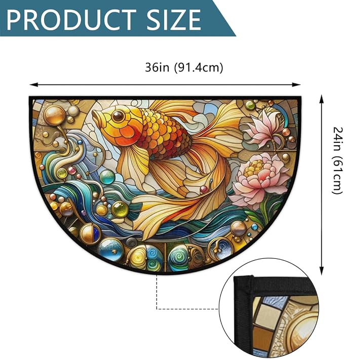 Fish Half Round Door Mat Semi Circle Rug Half Moon Doormat | Soft Washable Glass Lotu Welcome Entrance Mat for Outdoor Indoor Floor Bedroom Bathroom Home Kitchen Festival Decor