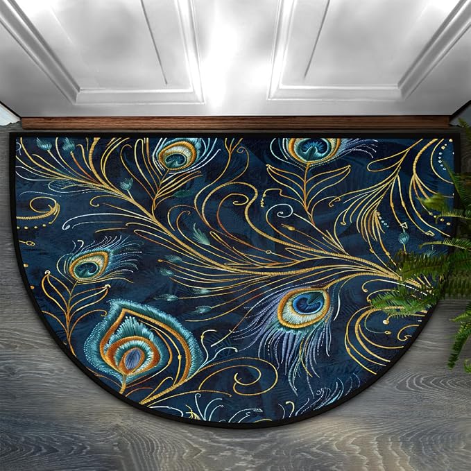 Peacock Half Round Doormat Non-Slip Semi Circle Rug Half Moon Mat | Color Feather Bird Washable Soft Absorbent Indoor Outdoor Entrance Kitchen Bathroom Sink Patio Welcome Fireplace Floor Rug