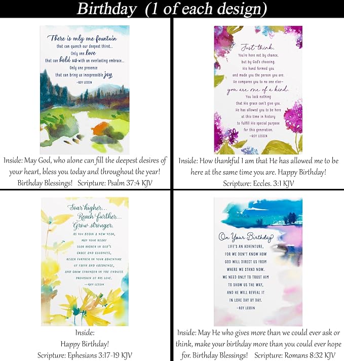 Birthday ~ No Repeated Designs~ 32 Cards and Designs ~ Christian/Religious Greeting Card Assortment #2 ~ Scripture in every card ~ Envelopes Included