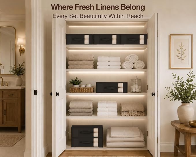 DIMJ Bed Sheet Organizers and Storage 8 Pack - Foldable Sheet Holder, Linen Closet Organizer Box for Sheets Set, Bedding, Blankets, Towel (King & Queen Size)
