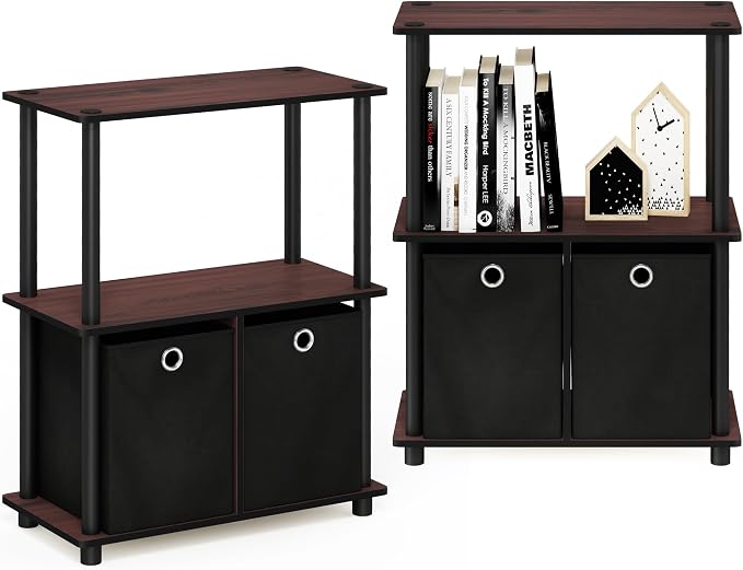 Furinno TURN-N-TUBE Storage Shelves Set of 2, 3-Tier Toolless Book Shelf with Storage Bins, Display Shelf, for Organization and Storage, Living Room, Garage, Home Office, Dark Cherry