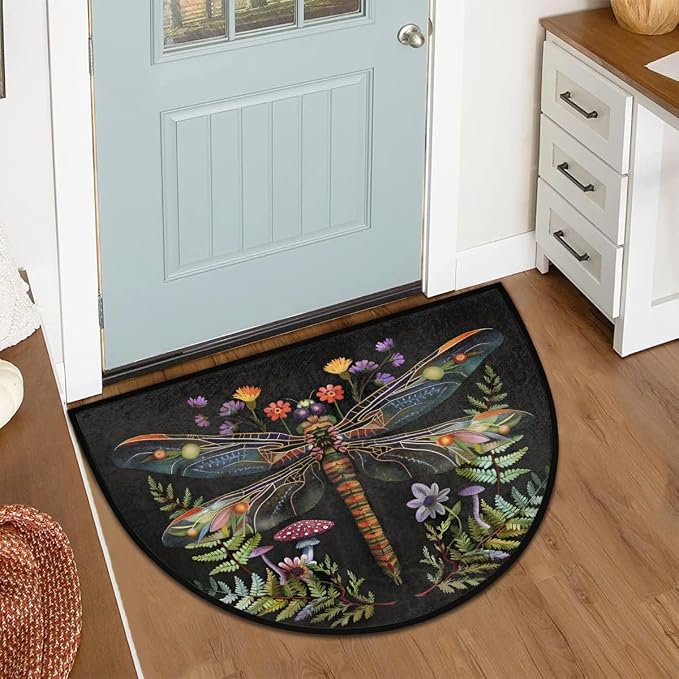 Dragonfly Half Round Door Mat Outdoor Doormat Bedroom Entrance Rug A11 | Dragonfly Flower Floral Semi Moon Door Mat Non-Slip Absorbent Kitchen Rug Indoor Welcome Bath Mat 36" X 24"
