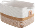 Goodpick Woven Rope Storage Basket, 13" x 10" x 9", White & Camel Mix | Gift Baskets Empty for Kids Toys & Towels, Shelf & Closet Organization, Built-In Handles, Natural Home Decor