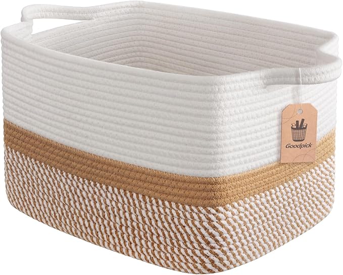 Goodpick Woven Rope Storage Basket, 13" x 10" x 9", White & Camel Mix | Gift Baskets Empty for Kids Toys & Towels, Shelf & Closet Organization, Built-In Handles, Natural Home Decor
