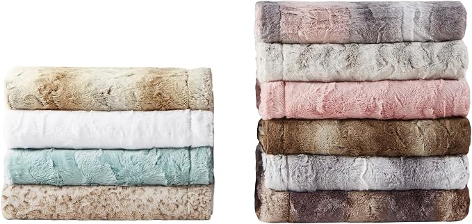 Madison Park Zuri Faux Fur Reversible Throw Blanket, 50 x 60 in, Sand | Oversized Soft Plush, Luxury, Animal Stripes, Mink Reverse, Modern, All Season, for Bed Sofa Couch, OEKO-TEX Certified