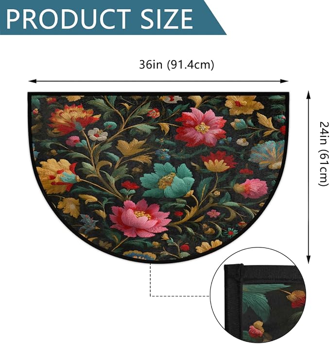 Flower Half Round Door Mat Semi Circle Rug Half Moon Doormat | Soft Washable Colorful Vintage Welcome Entrance Mat for Outdoor Indoor Floor Bedroom Bathroom Home Kitchen Festival Decor