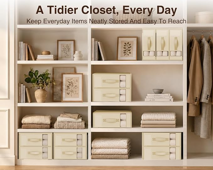 DIMJ Bed Sheet Organizers and Storage 8 Pack - Foldable Sheet Holder, Linen Closet Organizer Box for Sheets Set, Bedding, Blankets, Towel (King & Queen Size)