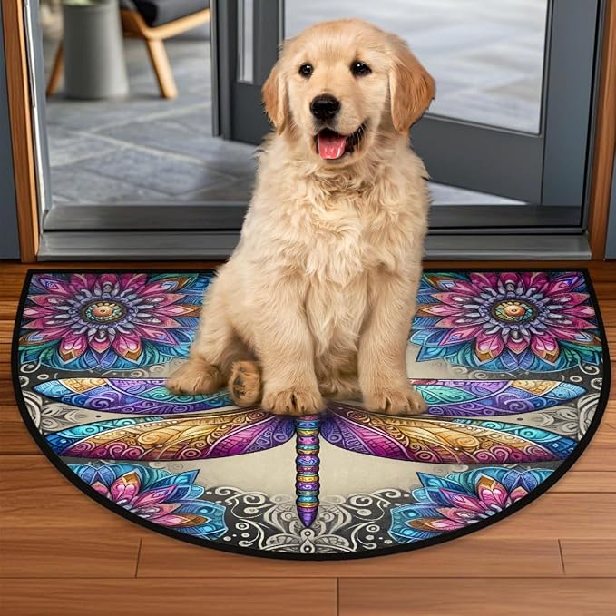 Dragonfly Half Round Door Mat Non Slip Half Circle Rugs | Colorful Animal Washable Half Moon Rug Semi Circle Rugs Indoor Entrance Floor Carpet for Kithen Bedroom Fireplace Decor