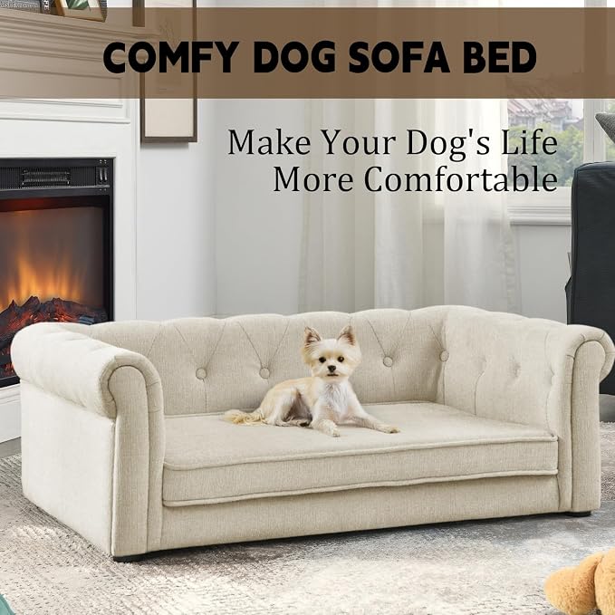 39" Dog Sofa Couch Bed for Small, Medium, Large Dogs,Memory Foam Pet Sofa with Removable Cover, Comfortable Pet Couch with Backrest and Armrests, Easy to Clean and Maintain（Beige）