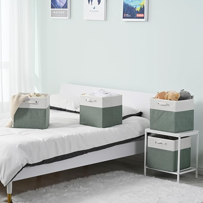 FinishingBo 13x13x13 Storage Cube Bins 4 Pack, Cube Shelf Baskets | Foldable Storage Cubes, Linen Storage Bins with Handles, Closet Organizers, White/Green