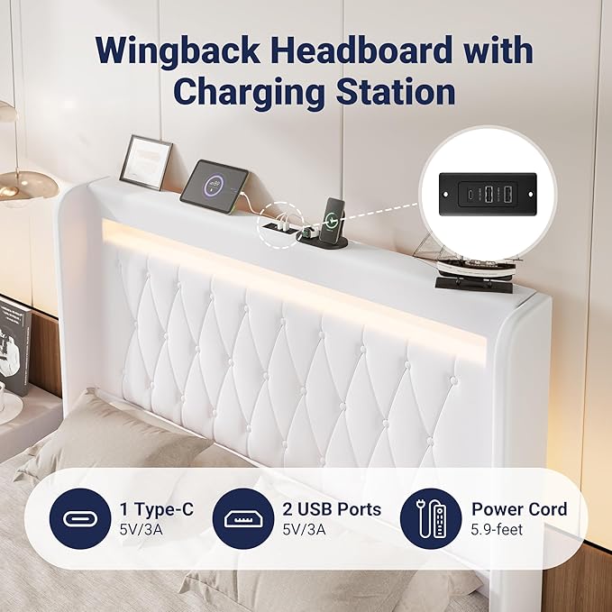 Allewie Queen Size Upholstered Bed Frame with LED & Charging Station, White | Customizable LED lights, charging station, tufted wingback headboard, noise-reducing support, and no box spring needed.