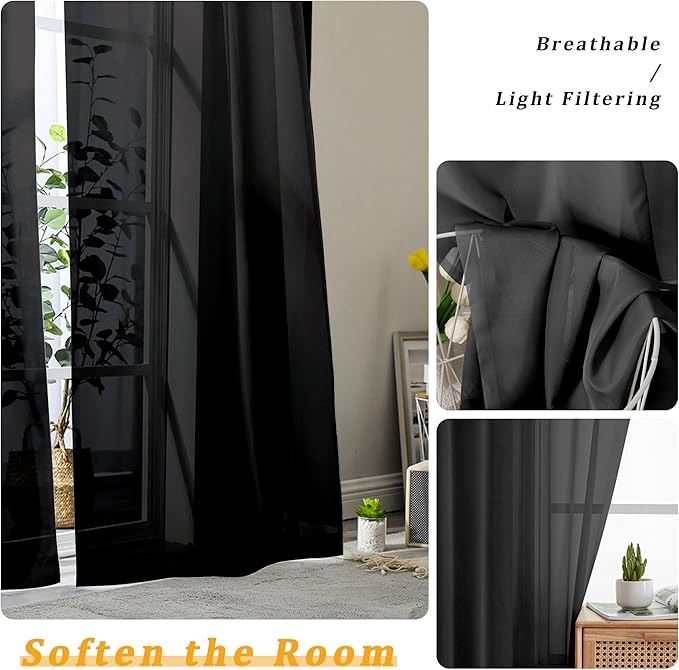 Gwine Sheer Black Curtains 96 Inches Long 2 Panels Set, Light Filtering Voile - Image 3
