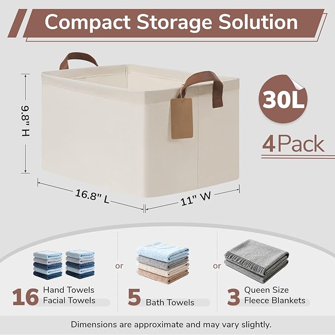 CHICVITA 4 Pack Large Fabric Storage Baskets for Shelves, Beige | 16.8" × 11" × 9.8", Closet Storage Bins for Clothes, Towels & Blankets, Collapsible, Metal Frame, Leather Handles