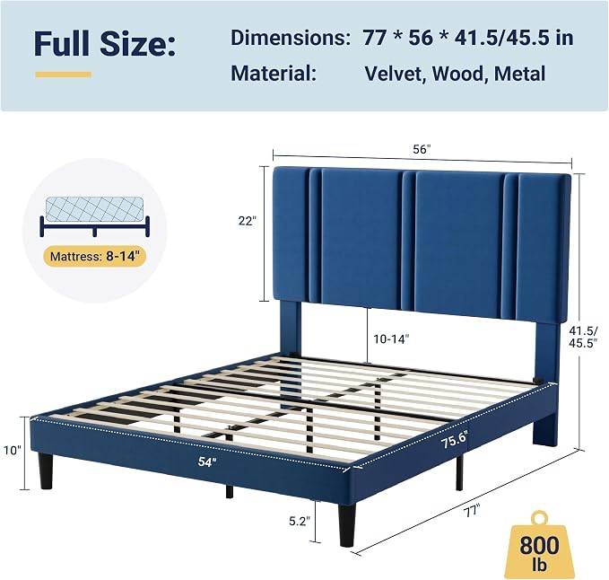 Allewie Full Size Platform Bed Frame with Adjustable Headboard | Plush Velvet Upholstered, Vertical Channel Tufted, Sturdy Wood Slats, No Box Spring Needed, Easy Assembly, Blue