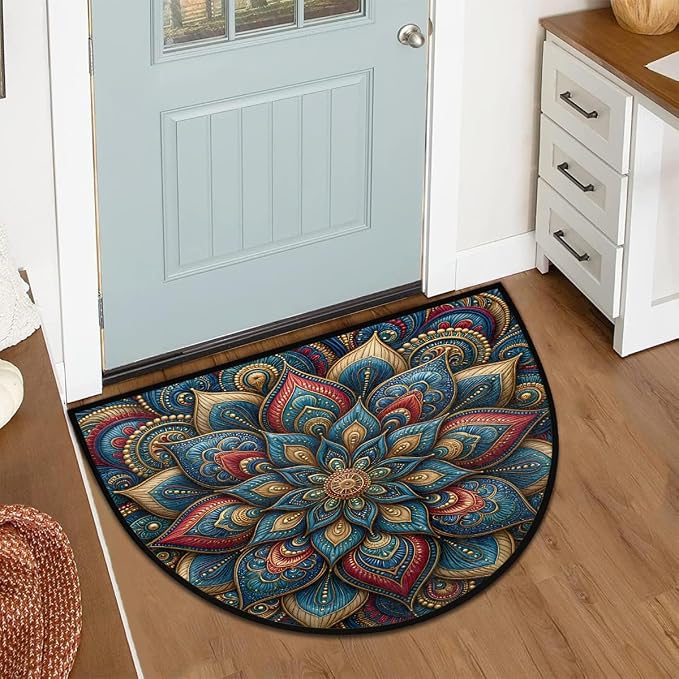 Mandala Half Round Door Mat Semi Moon Rug Fireplace Carpet Area Rugs | Floral Geometric Non Slip Absorbent Half Circle Mat Carpet for Indoor Outdoor Patio Kitchen Bathroom Entryway Home Decor