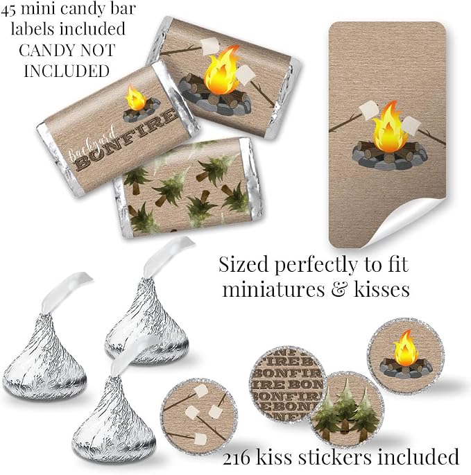 Backyard Bonfire Birthday Party Bundle Includes 20 each of Invitations & Thank You Cards with Envelopes + 2 Different Sizes of Stickers, Mini Candy Bar Wrappers, & Water Bottle Labels!