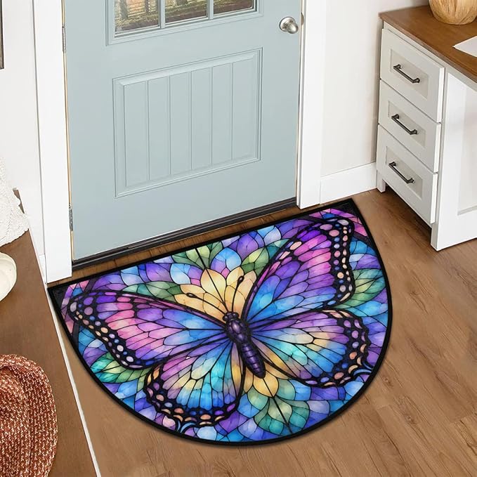 Butterfly Half Round Door Mat Outdoor Doormat Bedroom Entrance Rug A22 | Butterfly Semi Moon Door Mat Non-Slip Absorbent Kitchen Rug Indoor Welcome Bath Mat 36" X 24"