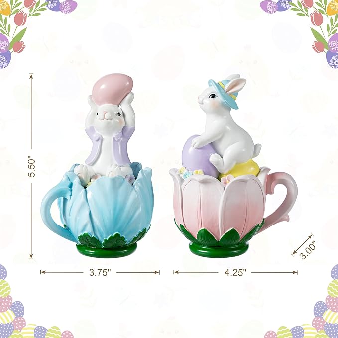 Glitzhome Easter Decorations Bunny Figurine, Set of 2 Resin Rabbit Tabletop Centerpiece Sitting on Tulip Mug with Colorful Egg for Spring Home Indoor & Outdoor Decor