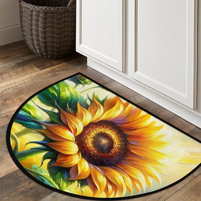Sunflower Painting Flower Half Round Door Mat Non-Slip Semi Circle Rug Washable Half Moon Floor Rug Absorbent Bathroom Area Rugs for Outdoor Indoor Fireplace Mat Entryway Kitchen Decor Rugs
