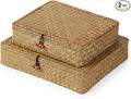 YANGQIHOME Set of 2 Seagrass Baskets with Lids, Rectangular Woven Storage Baskets, Natural Wicker Basket Boxes for Coffee Table, Shelf, Bathroom Counter & Closet Decor (Natural, Set of 2)