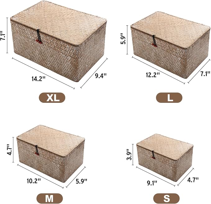 4 Pack, Wicker Baskets with Lids, Natural Seagrass Storage Baskets, Woven Rectangular Basket Bins, Rattan Storage Organizer for Shelf (Whitewashed, Set of 4)
