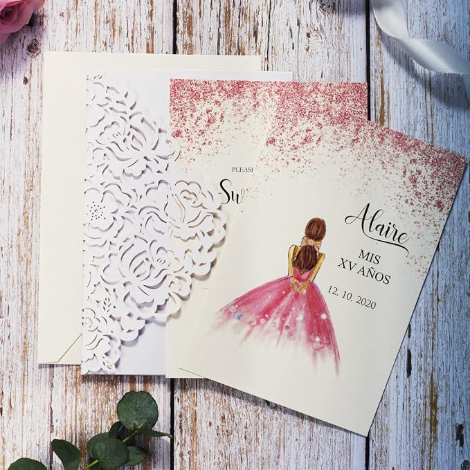 50PCS White Customized Quinceanera Invitation Cards with Envelopes 5x7.3 Inch Laser Cut Hollow Rose Pocket with Ribbon invitations for Quincenera Birthday Invite