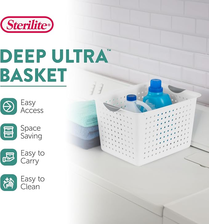 Sterilite Deep Ultra™ Basket, Open Plastic Storage Bin, White, 6 Pack | Large Open Containers and Bins for Pantry Shelves, Kitchen Cabinets, Laundry, Closets, Dorm Rooms, Classrooms & Bathrooms