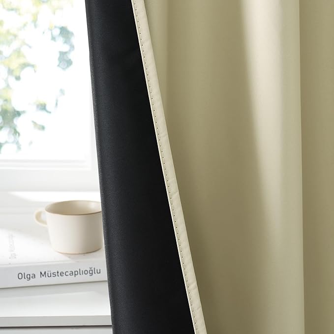 RYB HOME Bedroom Blackout Curtains 63 inches Long, 100% Blackout Thermal Insulated Noise Reducing Curtains for Living Room Nursury, 62 inches Wide by 63 inches Long, Beige