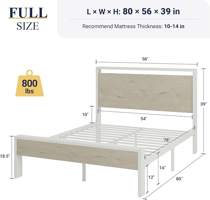 Allewie Full Size Bed Frame, Heavy Duty 12 Metal Slats Support, White | Wooden Headboard and Footboard, Modern Platform Bed, No Box Spring Needed, Under-Bed Storage, Noise Free, Easy Assembly