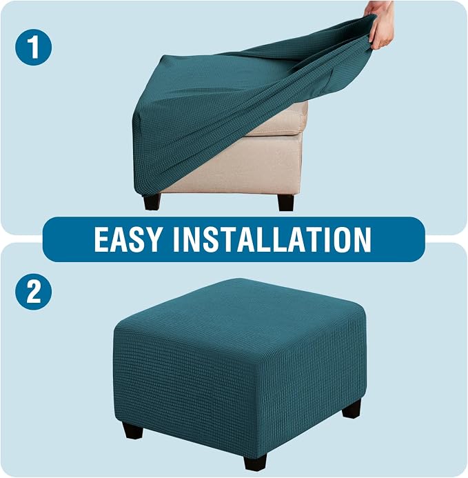 H.VERSAILTEX Square Ottoman Covers Ottoman Slipcovers Folding Storage Stool Furniture Protector Form Fit with Elastic Bottom, Stretch High Spandex Small Checks Jacquard Fabric(Large,Deep Teal)