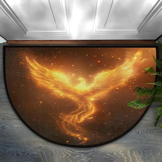 Pardick Half Round Doormat Semi Circle Rug Phoenix Fantasy Gold Non Slip Indoor Outdoor Entrance Half Moon Rug Absorbent Durable Washable Front Floor Mat for Kitchen Bathroom Patio Fireplace