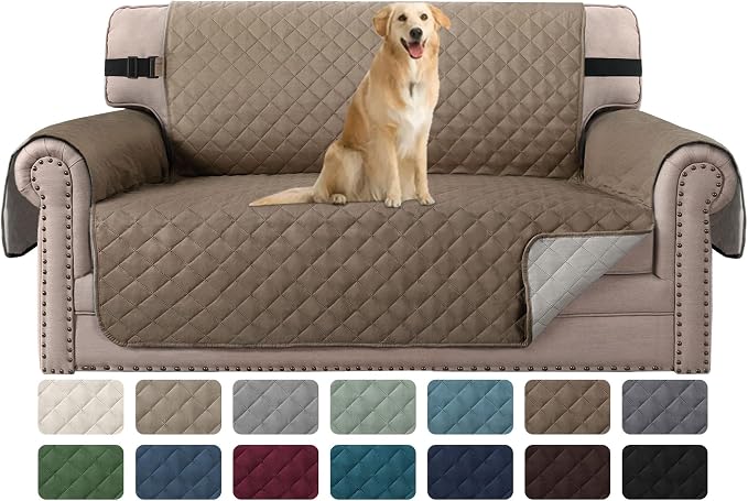 H.VERSAILTEX Reversible Loveseat Cover Water Resistant Furniture Protector for Dog Non Slip Couch Cover with Elastic Strap Washable Loveseat Slipcover Seat Width to 46"(Loveseat, Taupe Brown/Beige)