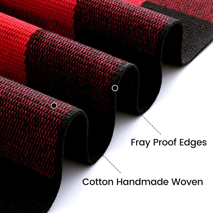 OLANLY Buffalo Plaid Rug 3' x 5' – Red and Black Cotton Checkered Doormat, Washable Indoor Outdoor Rug for Layered Front Porch, Kitchen, Entryway Decor